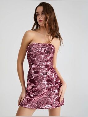 Helsi Linda strapless sequin floral mini dress in rose gold pink